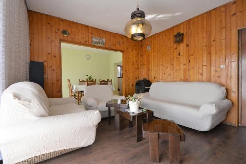 a living room with white furniture and wooden walls at Apartmani Šime in Betina