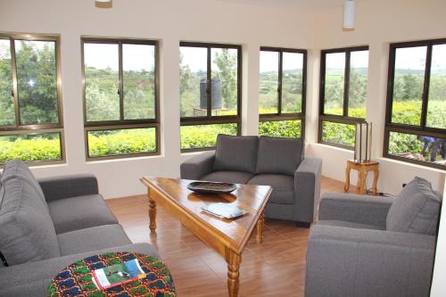 
a living room filled with furniture and a window at Tanzanice Farm Lodge in Karatu
