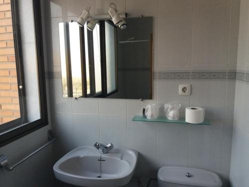 ein Badezimmer mit einem Waschbecken, einem Spiegel und einem WC in der Unterkunft Centro San Viator in Valladolid