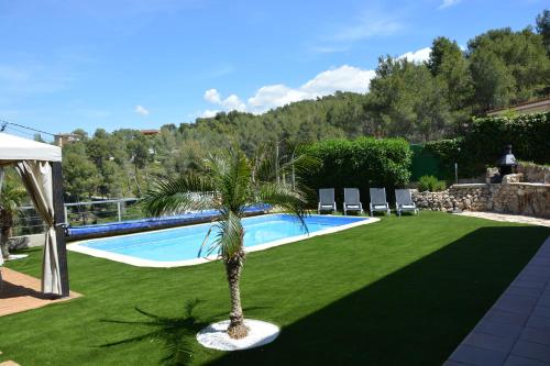 OlivellaにあるVilla Los Pinos 14 People AC Very confortable Outdoor area View Calm Area 10 minutes Drive From Sitgesのスイミングプール横の庭のヤシの木