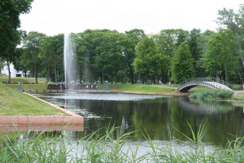 a bridge over a pond in a park with a fountain at Sadama street Villa in Pärnu