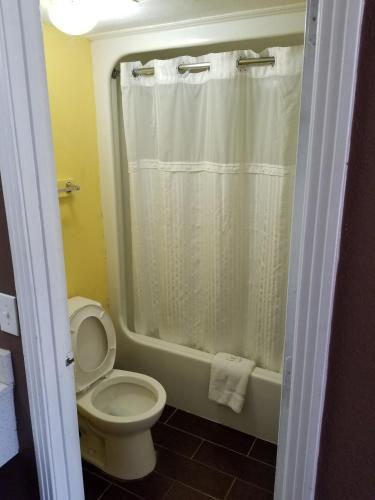 a bathroom with a toilet and a shower at Hermitage Inn in Hermitage