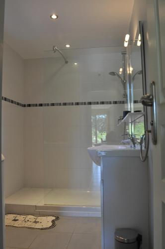 une salle de bain avec une douche avec un lavabo et une baignoire dans l'établissement Villa Gecko, à Saint-Raphaël