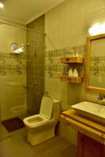 a bathroom with a toilet and a shower and a sink at The Oaktree House in Shimla