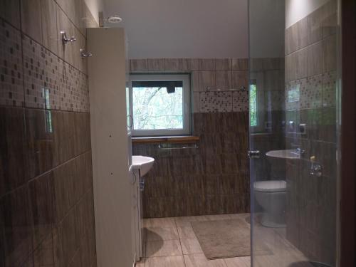 ein Bad mit einem Waschbecken, einem WC und einem Fenster in der Unterkunft Apartament U Dudka in Wójtowice