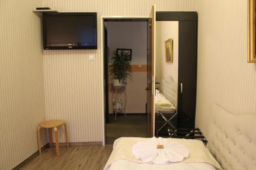 Schlafzimmer mit einem Bett mit einem Spiegel und einem TV in der Unterkunft Hotel Ohm Patt in Boppard