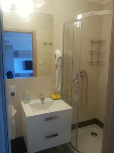 a bathroom with a shower and a sink and a shower at Apartament Rega Mrzeżyno in Mrzeżyno