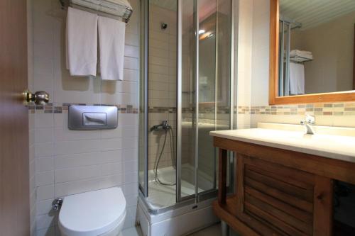 a bathroom with a shower and a toilet and a sink at Perdikia Beach in Oludeniz