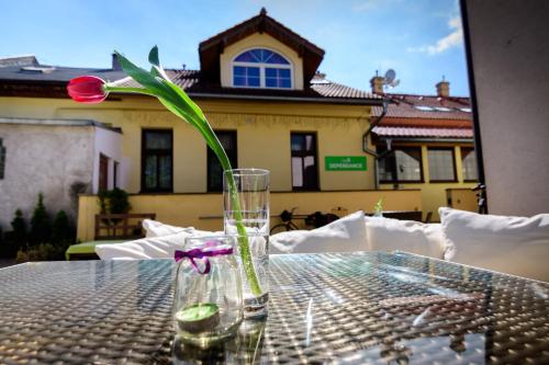 eine Glasvase mit einer Blume auf einem Tisch in der Unterkunft The Rooms by Dalia in Košice
