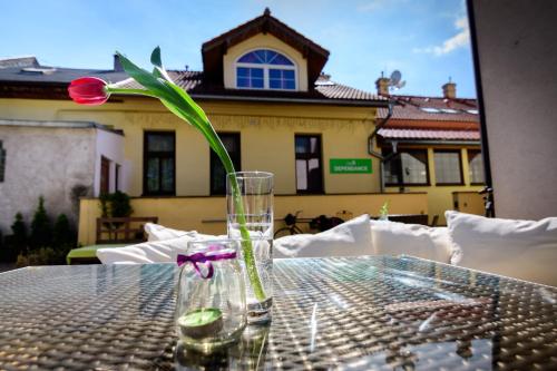 a glass vase with a flower sitting on a table at The Rooms by Dalia in Košice