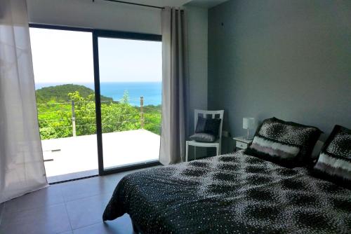 a bedroom with a bed and a view of the ocean at Lotus Villa in Bois dʼOrange