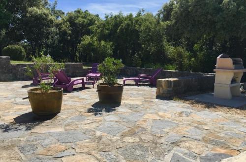 a stone patio with purple chairs and a fountain at Mas de Cala, gîtes détente au Pic Saint Loup in Saint-Mathieu-de-Tréviers