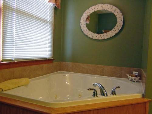 a bath tub in a bathroom with a mirror at Berry Springs Lodge in Sevierville