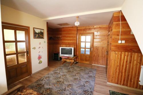 a living room with wooden walls and a television at Agroturystyka Tyniok in Koniaków