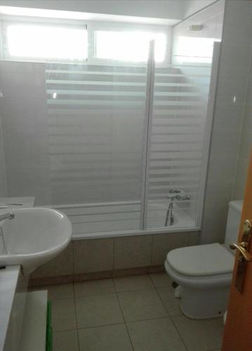 a bathroom with a shower and a toilet and a sink at Cabo de Gata Oasis Retamar in El Toyo