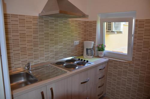 eine Küche mit Spüle und Herd oberen Backofen in der Unterkunft Apartments Mango II in Baška