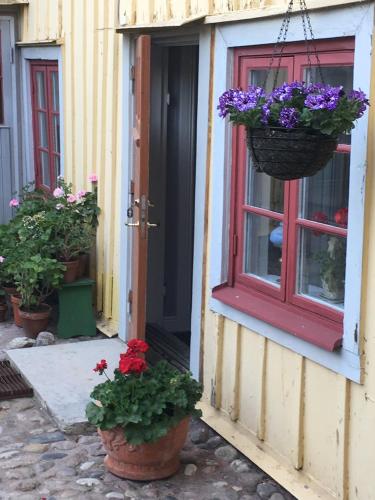 a house with a red door and flowers in pots at One Room Bed & Breakfast in Skänninge