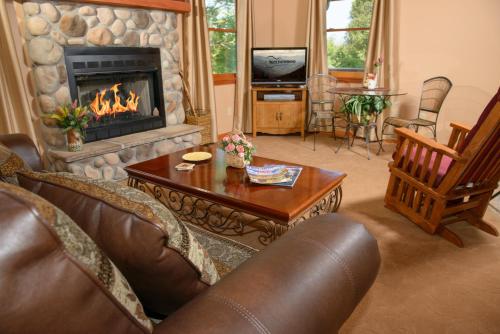 a living room with a couch and a fireplace at Berry Springs Lodge in Sevierville