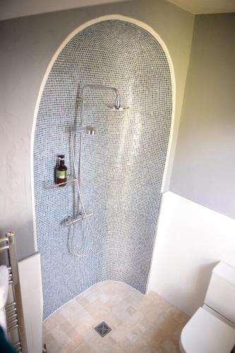 a bathroom with a shower with a blue tile wall at Bank House B&B in Bishops Castle