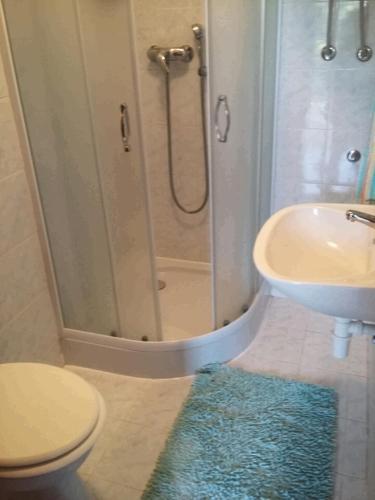 a bathroom with a shower and a toilet and a sink at Apartment Perfect Sea View in Lucija