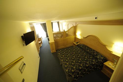 a hotel room with a bed and a television at Family Hotel Andes - Only for Family in Vigo di Fassa