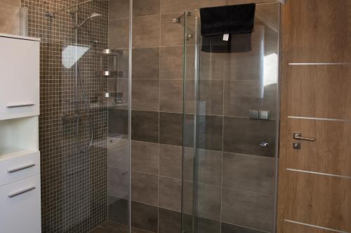 a shower with a glass door in a bathroom at Hotel Hubert in Slavonice