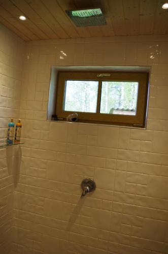 a bathroom with a shower with a window at Ööbiku Holiday House in Antsla