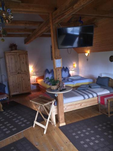 1 dormitorio con 1 cama y TV en la pared en Paulsberg-Lodge, en Braunlage