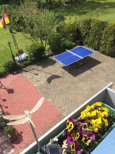 a ping pong table and flowers in a garden at Paulsberg-Lodge in Braunlage