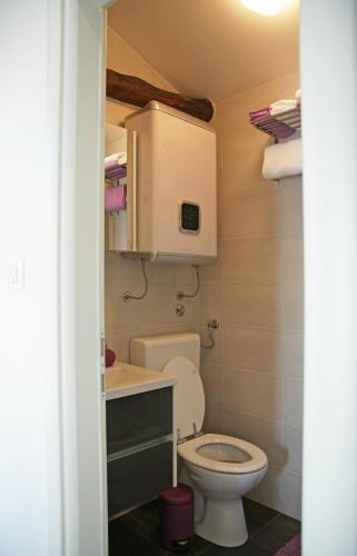 a small bathroom with a toilet and a sink at Holiday Home Demark in Jurdani