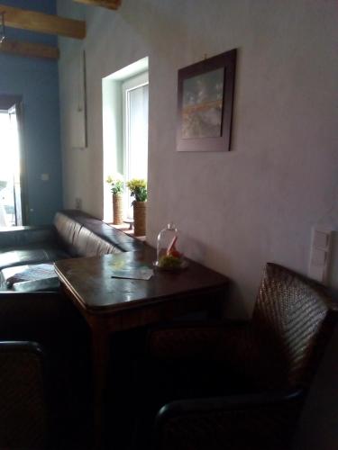 a living room with a table and a couch at Bootshaus in Eisenstadt