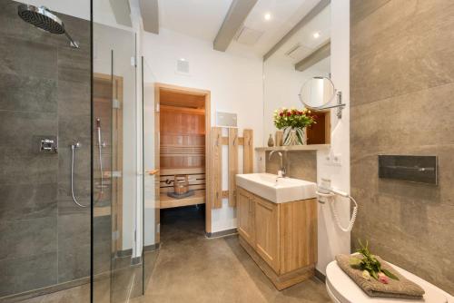 a bathroom with a shower and a sink and a toilet at Alte Scheune am Focker Strom in Mursewiek