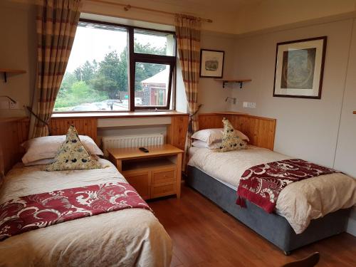 a bedroom with two beds and a window at Kylemore Pass Hotel in Letterfrack