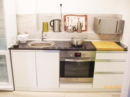 a kitchen with a sink and a stove at Munich Aparthotel in Munich