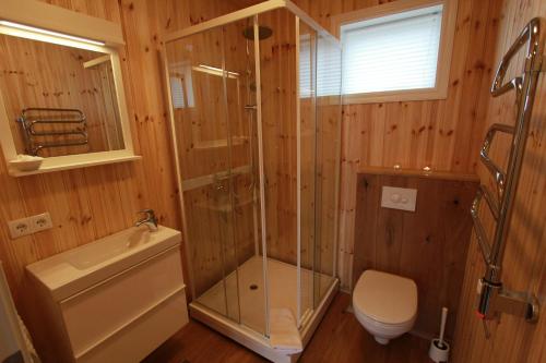 a bathroom with a shower and a toilet at Eldhraun Holiday Home in Kirkjubæjarklaustur