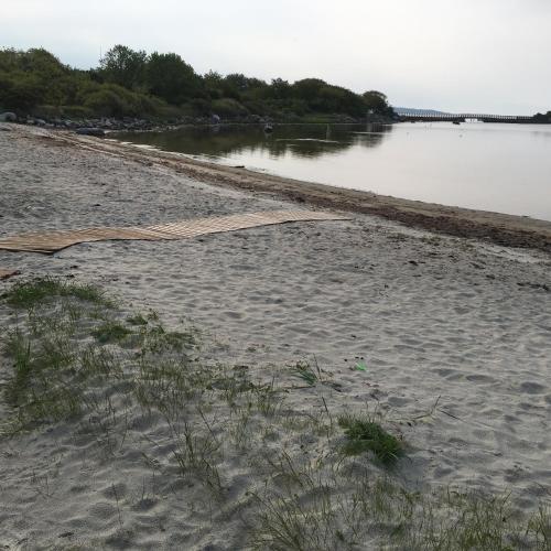 a sandy beach next to a body of water at Lusthuset in Sölvesborg