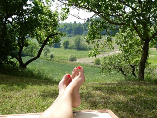 a person with their feet up in the grass at Podere Sionne in Chiusi
