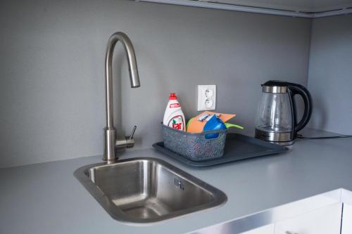 eine Küchentheke mit einer Spüle und einem Mixer in der Unterkunft Haas Apartments in Brünn