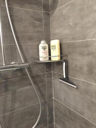 - une salle de bains avec 2 bouteilles de savon sur une étagère dans l'établissement Appartement des fleurs, à Nice