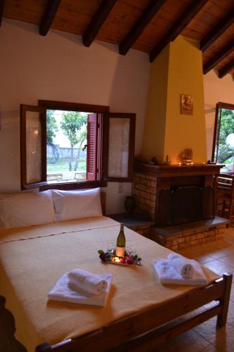 una camera da letto con un letto grande e un camino di Chouchounikos Apartments a Lefokastro