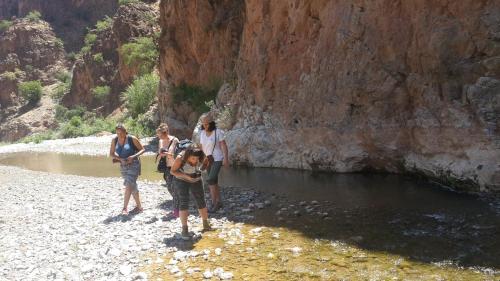 a group of people standing on a beach near a river at Oasis de Tiout in Tiout