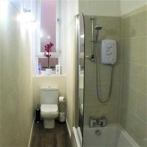 a small bathroom with a toilet and a shower at Trefoil Apartment - 2 Bedrooms in Glasgow