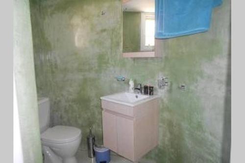 カマリにあるPotamidaのバスルーム(白いトイレ、シンク付)