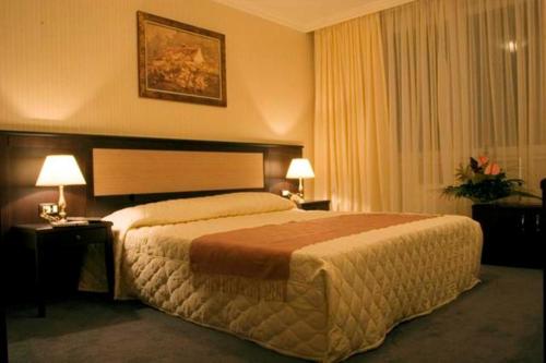 ソフィアにあるAlex Apartment Sofiaの大型ベッド1台とランプ2つが備わるホテルルームです。