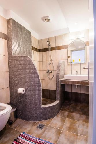 a bathroom with a shower and a sink and a toilet at Katefiani Villas in Perissa