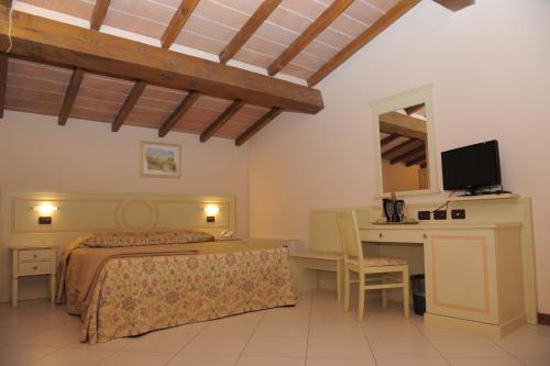 a bedroom with a bed and a desk and a television at Hotel Plazza in Porcari