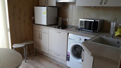 a kitchen with a washing machine and a microwave at Šiauliai Centre Apartment in Šiauliai