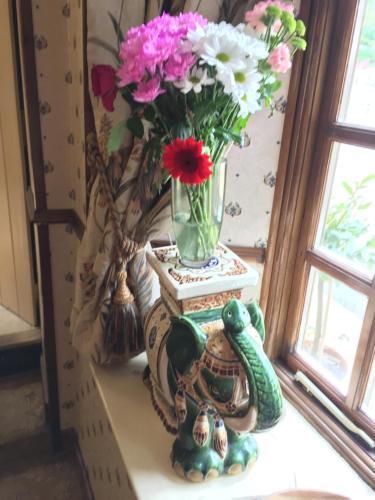 a vase filled with flowers sitting on a window sill at Borderers Inn in Brecon