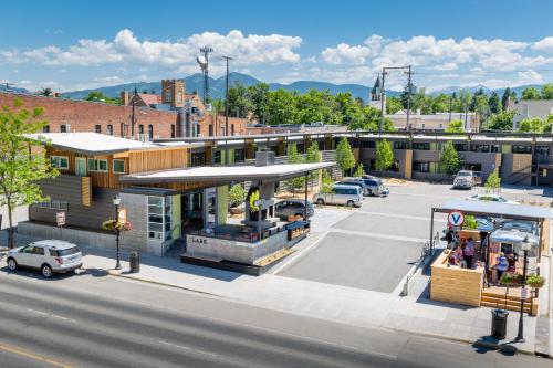 an overhead view of a bus stop in a parking lot at The LARK in Bozeman