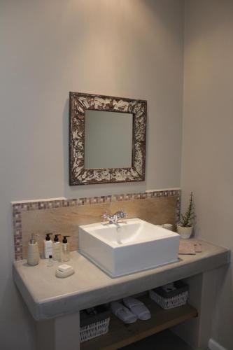 a bathroom with a white sink and a mirror at Koedoeskop Private Mountain Reserve in Hoekskraal